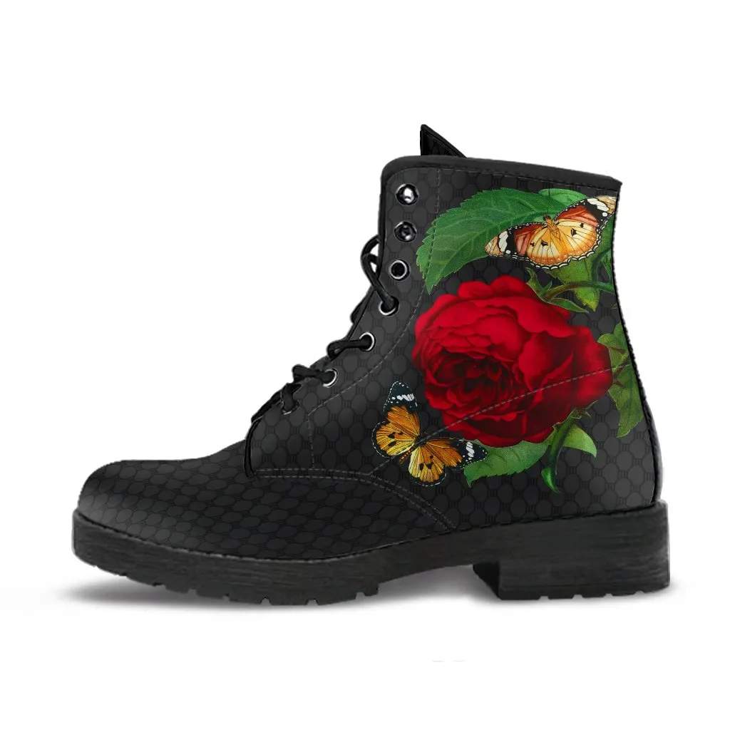 Combat Boots - Butterfly Shoes #105, Black Lace Print, Custom Shoes, Boho Shoes, Vintage Style Shoes, Aesthetic Shoes