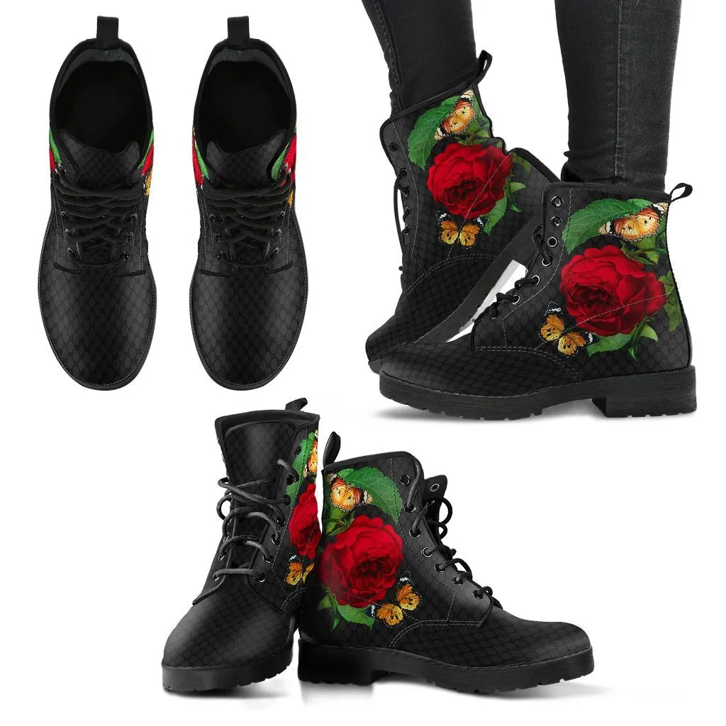 Combat Boots - Butterfly Shoes #105, Black Lace Print, Custom Shoes, Boho Shoes, Vintage Style Shoes, Aesthetic Shoes