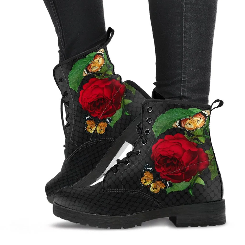 Combat Boots - Butterfly Shoes #105, Black Lace Print, Custom Shoes, Boho Shoes, Vintage Style Shoes, Aesthetic Shoes