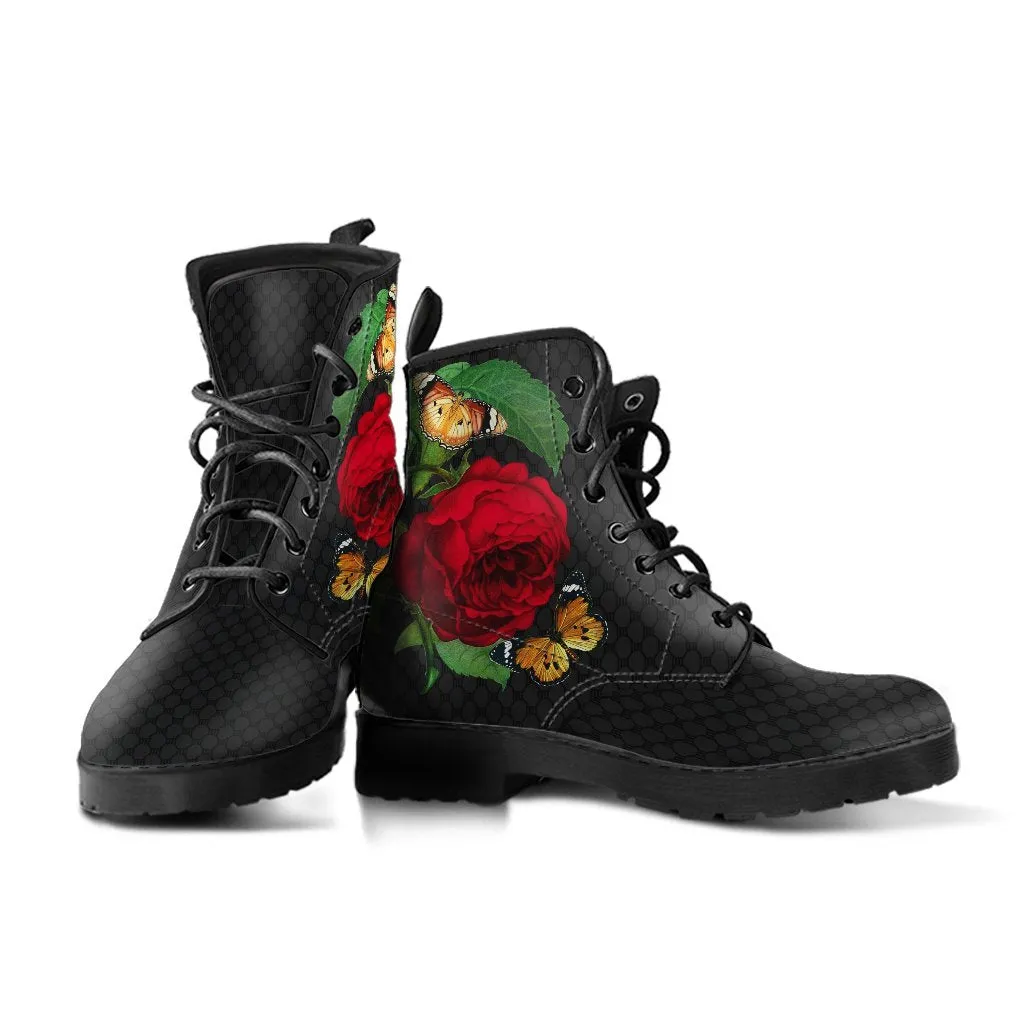 Combat Boots - Butterfly Shoes #105, Black Lace Print, Custom Shoes, Boho Shoes, Vintage Style Shoes, Aesthetic Shoes