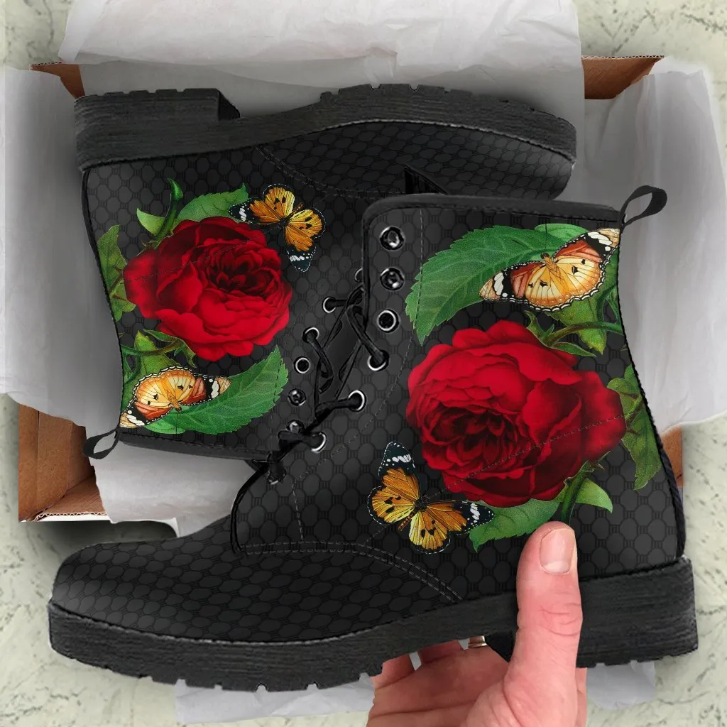Combat Boots - Butterfly Shoes #105, Black Lace Print, Custom Shoes, Boho Shoes, Vintage Style Shoes, Aesthetic Shoes