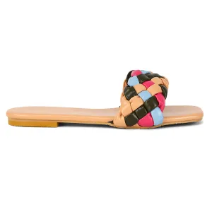 DARCIE WOVEN STRAP SQUARE TOE FLAT SLIDER SANDAL IN NUDE MULTI SYNTHETIC LEATHER