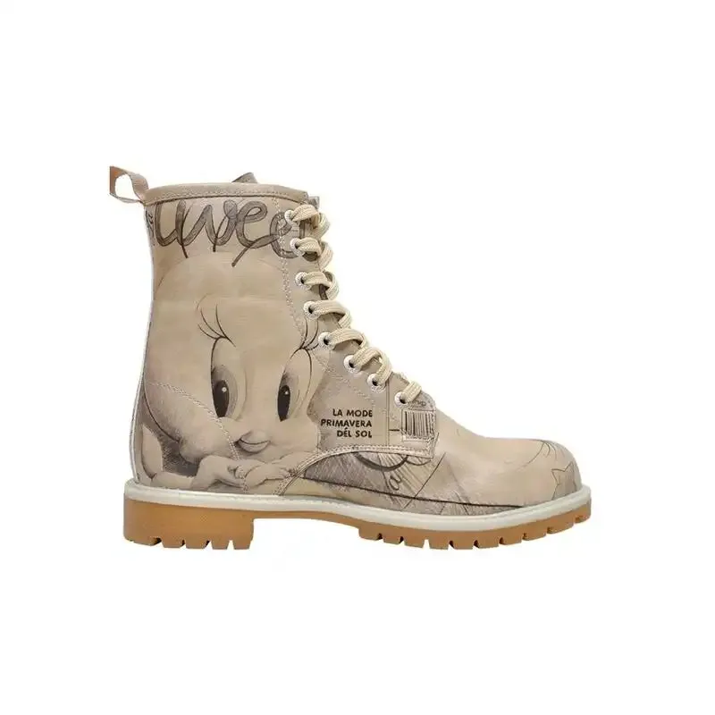 DOGO - Women Vegan Leather Beige Long Boots - Warner Bros Tweety Sketch Design