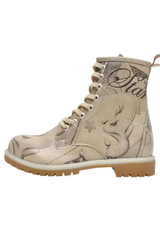 DOGO - Women Vegan Leather Beige Long Boots - Warner Bros Tweety Sketch Design