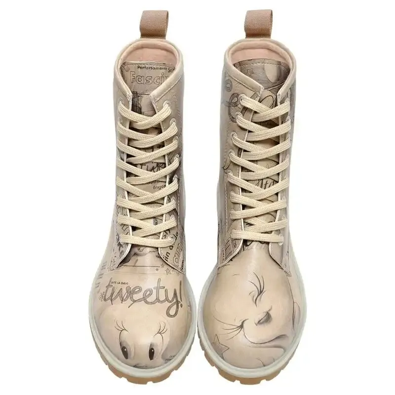 DOGO - Women Vegan Leather Beige Long Boots - Warner Bros Tweety Sketch Design