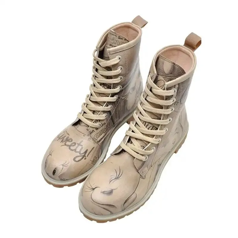 DOGO - Women Vegan Leather Beige Long Boots - Warner Bros Tweety Sketch Design