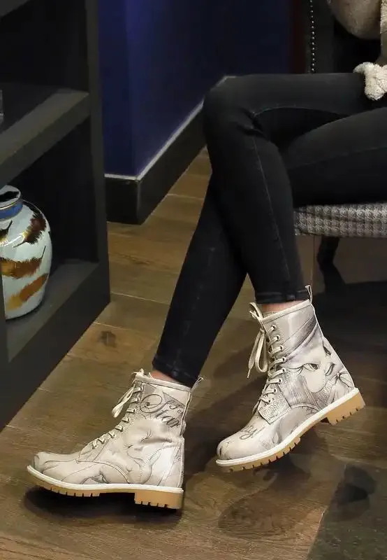 DOGO - Women Vegan Leather Beige Long Boots - Warner Bros Tweety Sketch Design