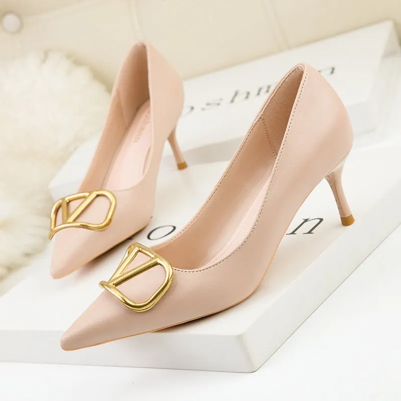 ELOSHMAN Stiletto Pointed Toe Thin metal V-Buckle Medium to High Heel Shoes