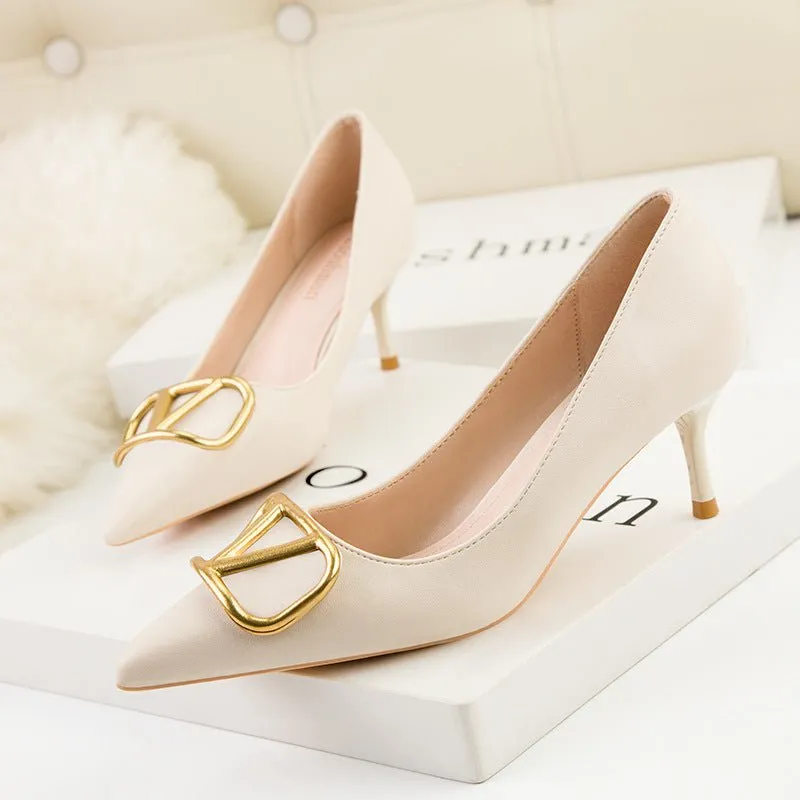 ELOSHMAN Stiletto Pointed Toe Thin metal V-Buckle Medium to High Heel Shoes