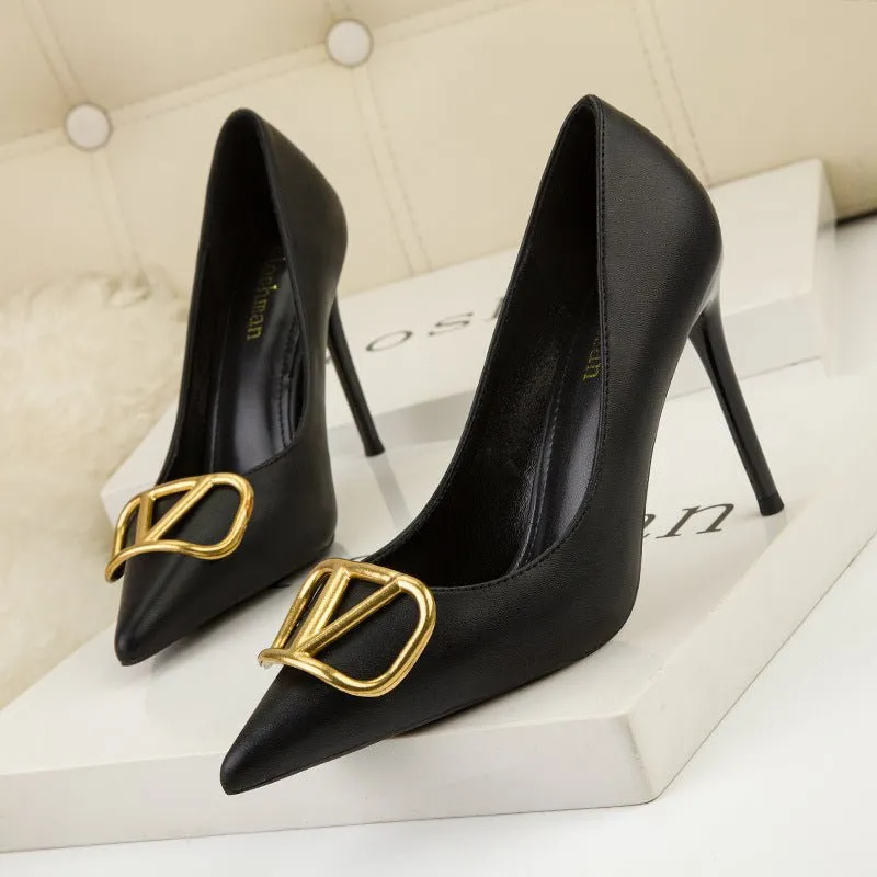ELOSHMAN Stiletto Pointed Toe Thin metal V-Buckle Medium to High Heel Shoes