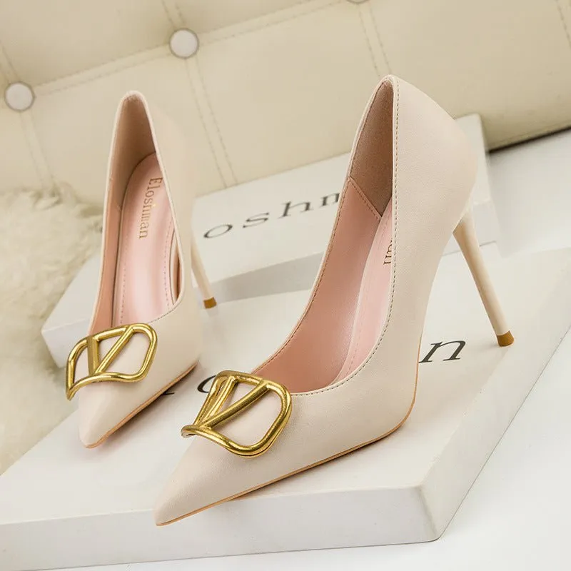 ELOSHMAN Stiletto Pointed Toe Thin metal V-Buckle Medium to High Heel Shoes