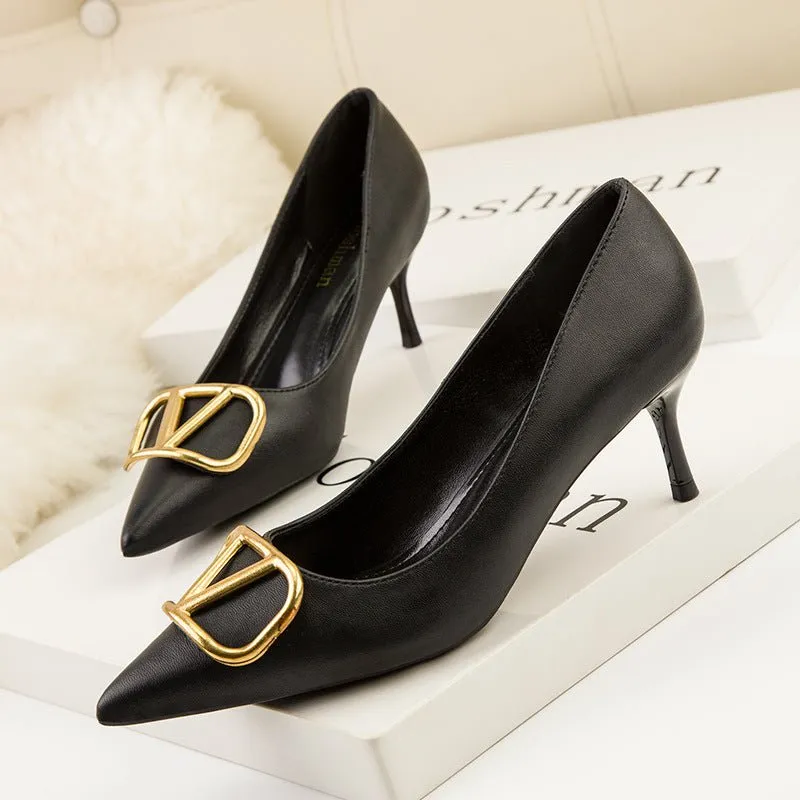 ELOSHMAN Stiletto Pointed Toe Thin metal V-Buckle Medium to High Heel Shoes