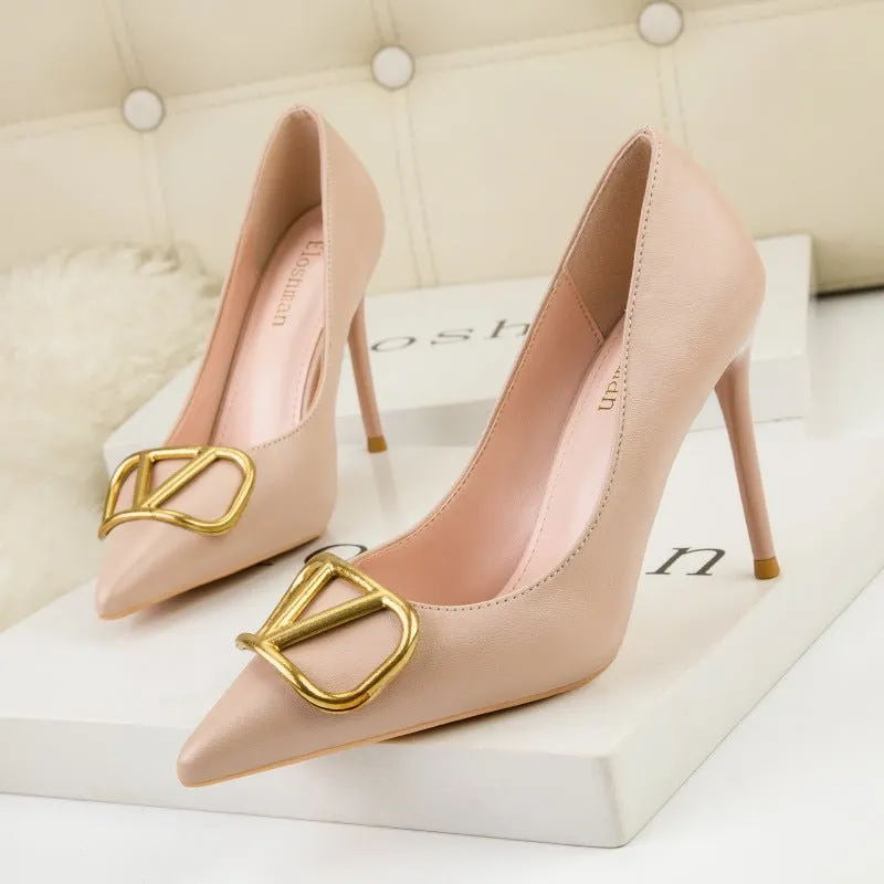 ELOSHMAN Stiletto Pointed Toe Thin metal V-Buckle Medium to High Heel Shoes