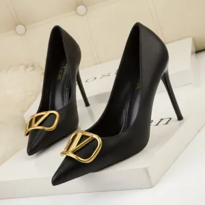 ELOSHMAN Stiletto Pointed Toe Thin metal V-Buckle Medium to High Heel Shoes