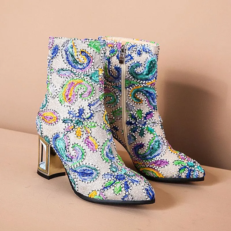 Fashion Microfiber Color Block Chunky Heel Ankle Boots