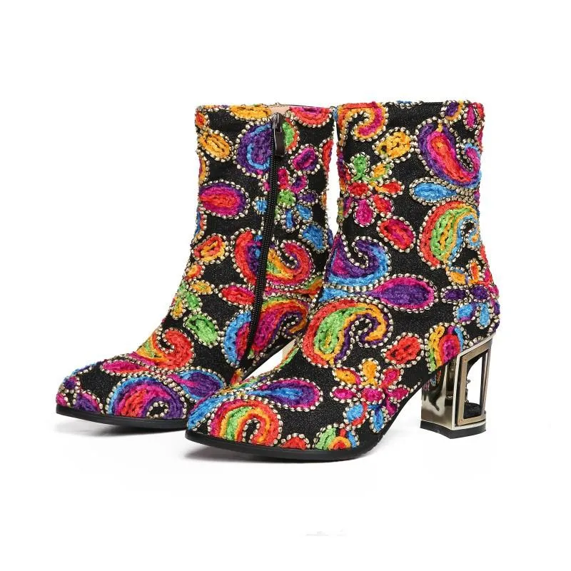Fashion Microfiber Color Block Chunky Heel Ankle Boots