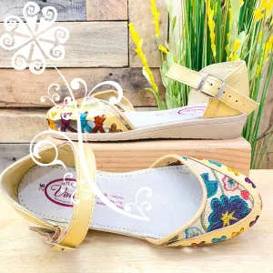 Flat with Buckle - Soft Gold with Queen Bouquet