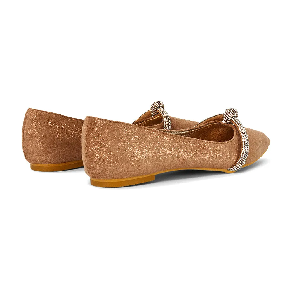 Halley Flat Heel Pointed Toe Sparkly Wedding Embellished Diamante Bridal Pumps in Rose Gold