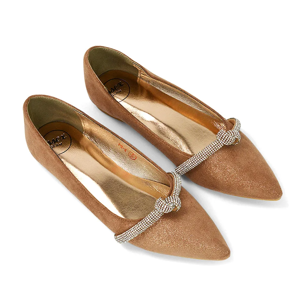 Halley Flat Heel Pointed Toe Sparkly Wedding Embellished Diamante Bridal Pumps in Rose Gold