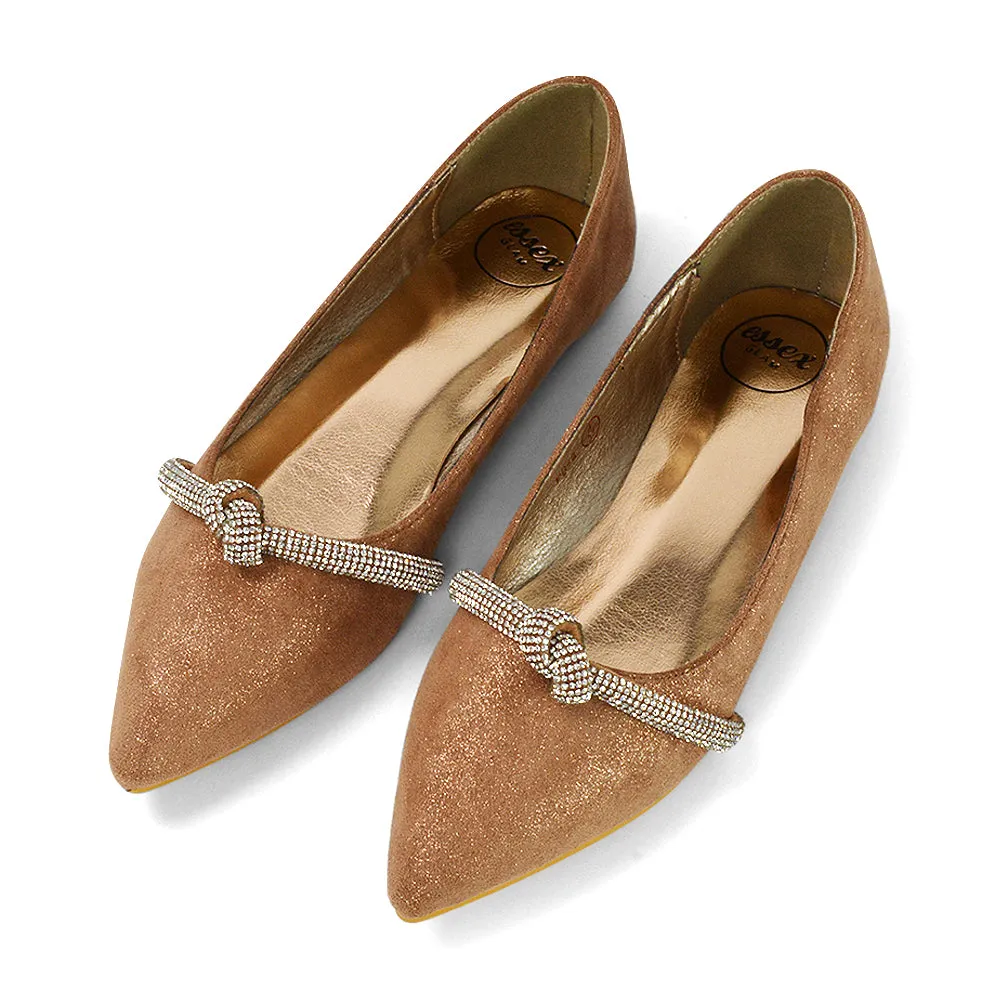 Halley Flat Heel Pointed Toe Sparkly Wedding Embellished Diamante Bridal Pumps in Rose Gold