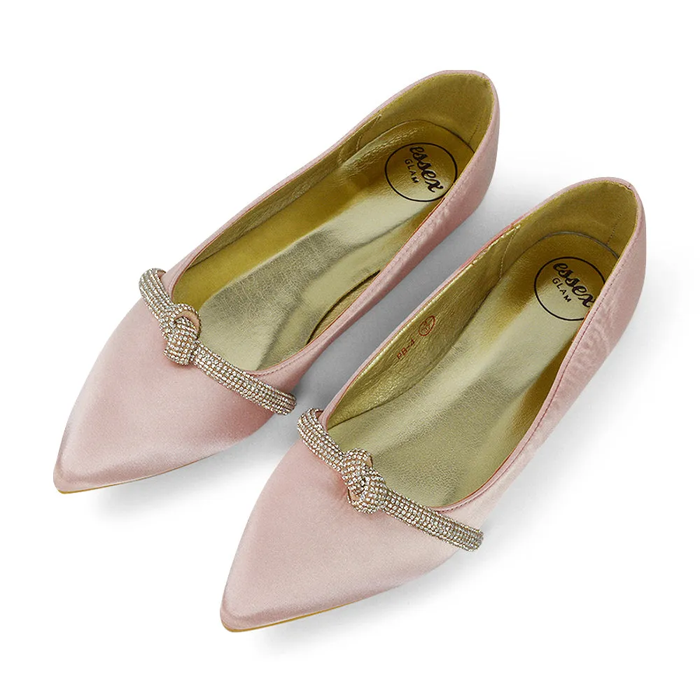 Halley Flat Heel Pointed Toe Sparkly Wedding Embellished Diamante Bridal Pumps in White Satin