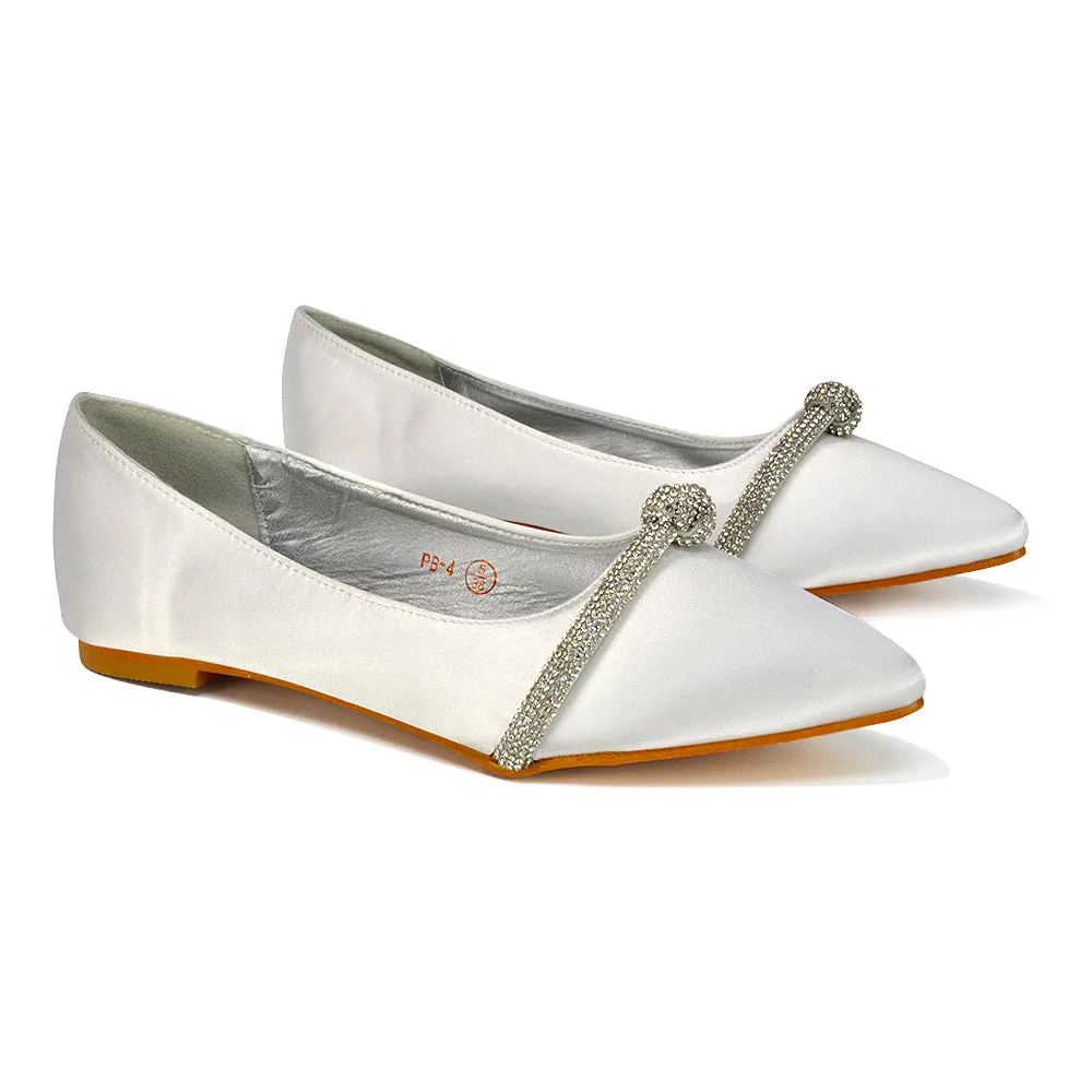 Halley Flat Heel Pointed Toe Sparkly Wedding Embellished Diamante Bridal Pumps in White Satin