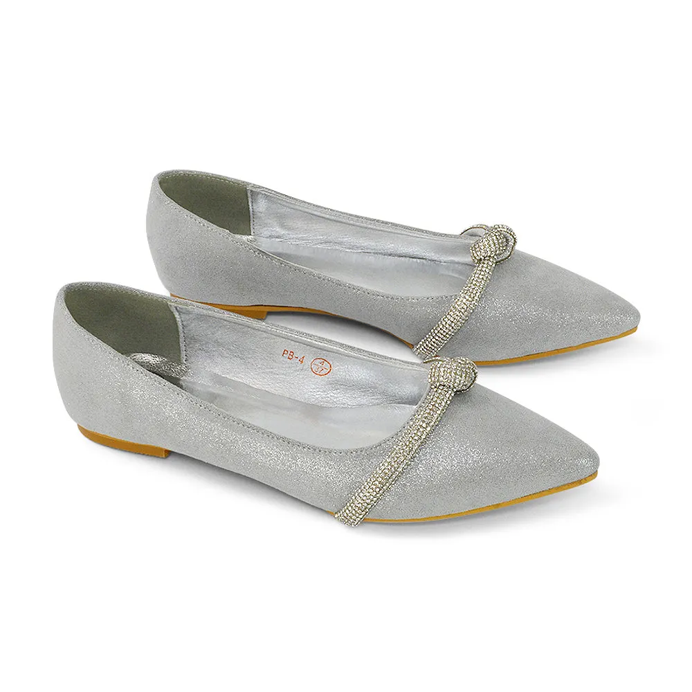 Halley Flat Heel Pointed Toe Sparkly Wedding Embellished Diamante Bridal Pumps in White Satin