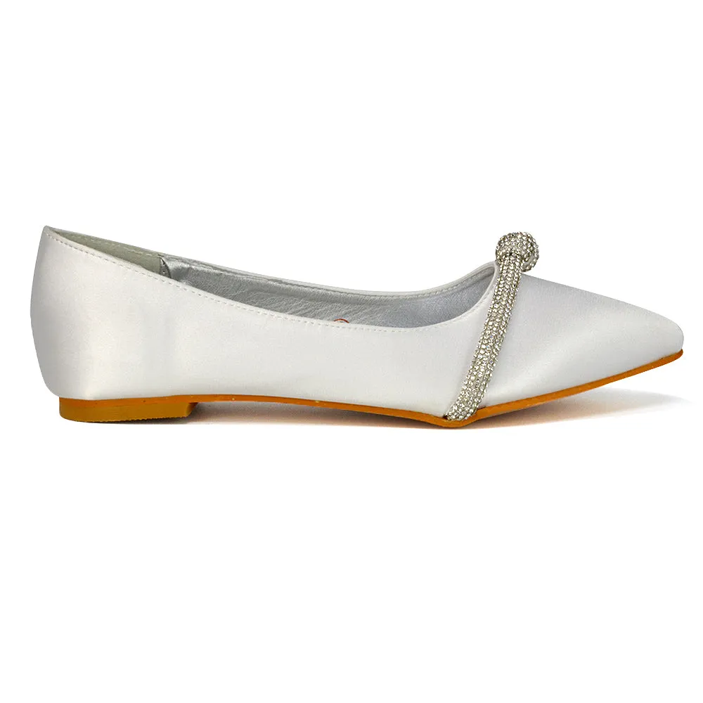 Halley Flat Heel Pointed Toe Sparkly Wedding Embellished Diamante Bridal Pumps in White Satin