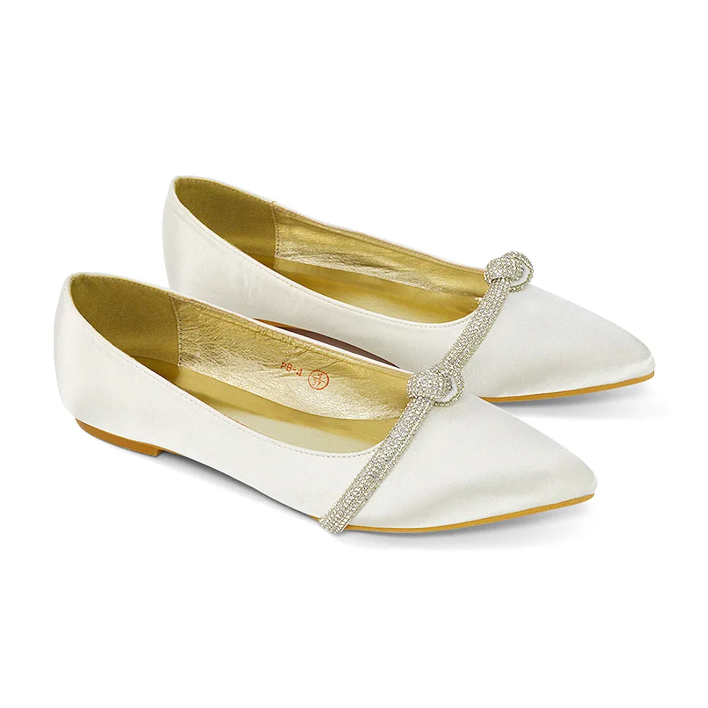 Halley Flat Heel Pointed Toe Sparkly Wedding Embellished Diamante Bridal Pumps in White Satin
