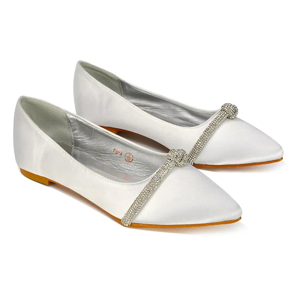 Halley Flat Heel Pointed Toe Sparkly Wedding Embellished Diamante Bridal Pumps in White Satin