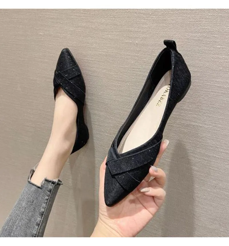 Hnzxzm Fashion Flats for Women Single Shoes Elegant Office Lady Shoes Pointed toe Ballets Women Flats Black Plus Size 41 A4320