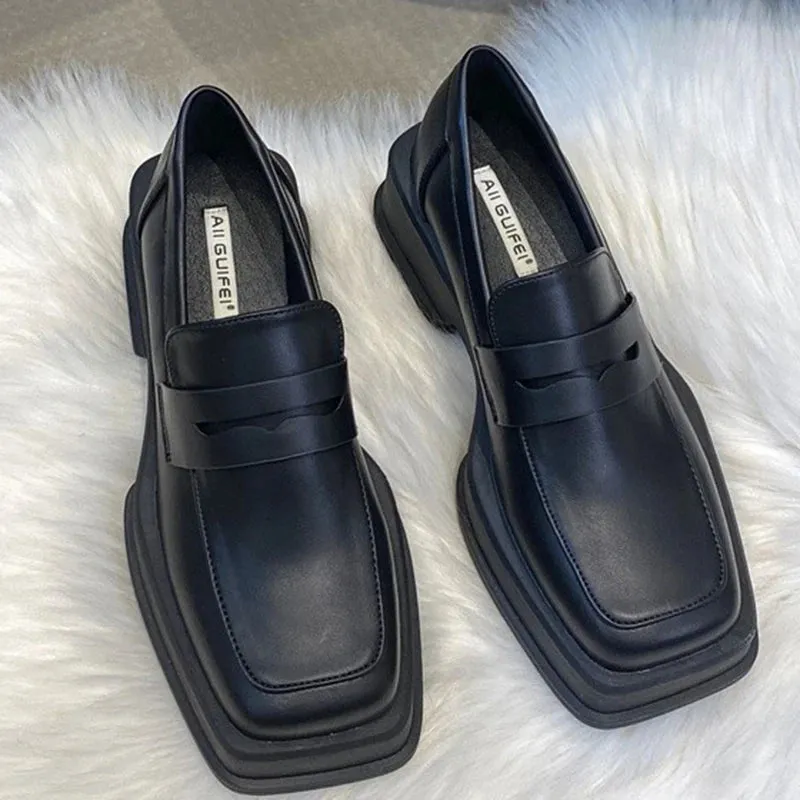 Hnzxzm Style Square Toe Loafers Women Spring Patent Leather Platform Pumps Woman Slip On Thick Heels Oxford Shoes Jk Shoes