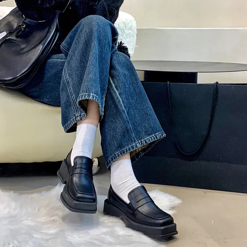 Hnzxzm Style Square Toe Loafers Women Spring Patent Leather Platform Pumps Woman Slip On Thick Heels Oxford Shoes Jk Shoes