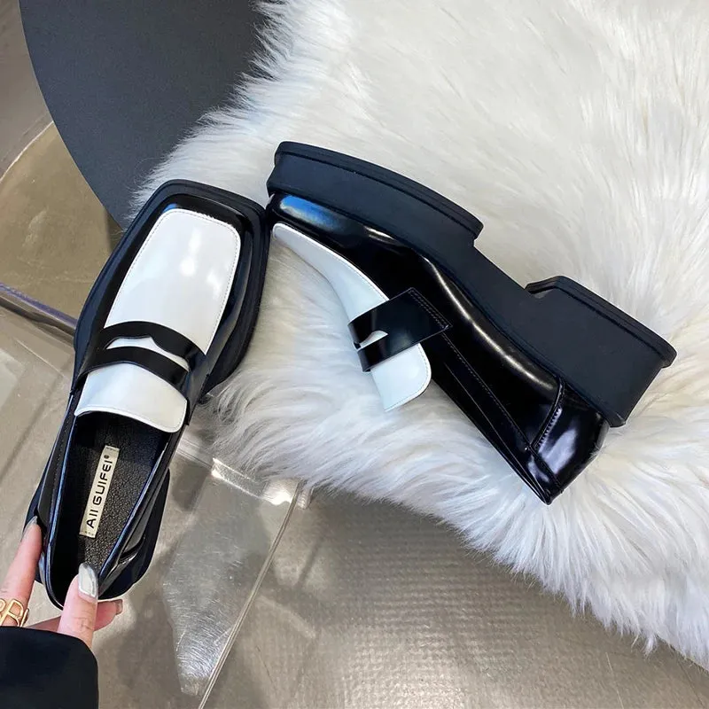 Hnzxzm Style Square Toe Loafers Women Spring Patent Leather Platform Pumps Woman Slip On Thick Heels Oxford Shoes Jk Shoes