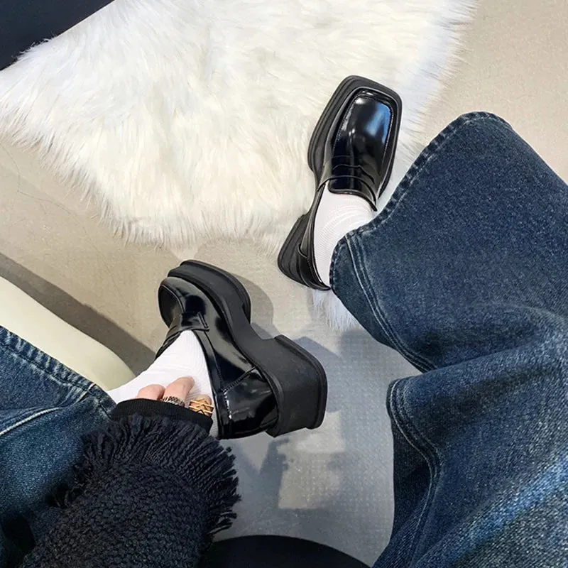 Hnzxzm Style Square Toe Loafers Women Spring Patent Leather Platform Pumps Woman Slip On Thick Heels Oxford Shoes Jk Shoes