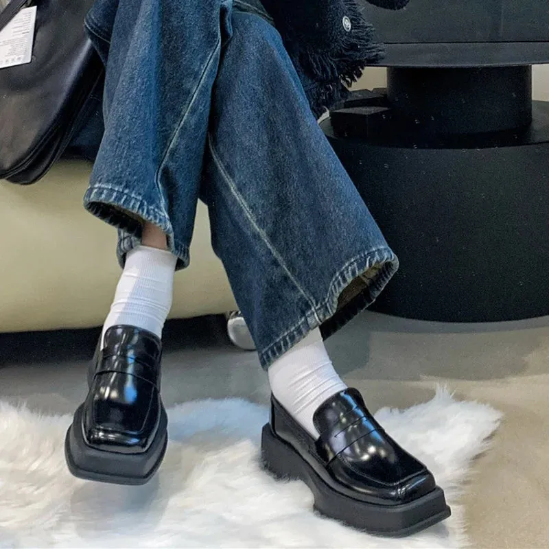 Hnzxzm Style Square Toe Loafers Women Spring Patent Leather Platform Pumps Woman Slip On Thick Heels Oxford Shoes Jk Shoes