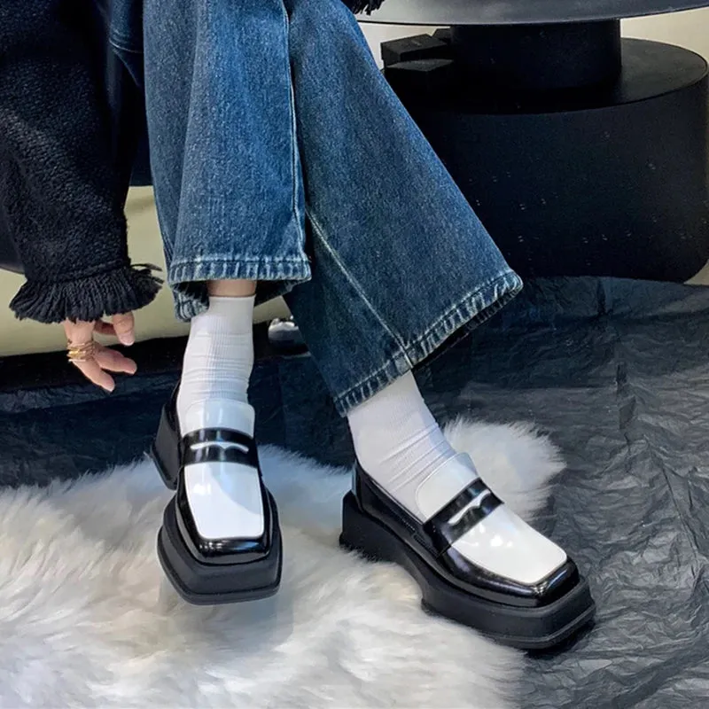 Hnzxzm Style Square Toe Loafers Women Spring Patent Leather Platform Pumps Woman Slip On Thick Heels Oxford Shoes Jk Shoes