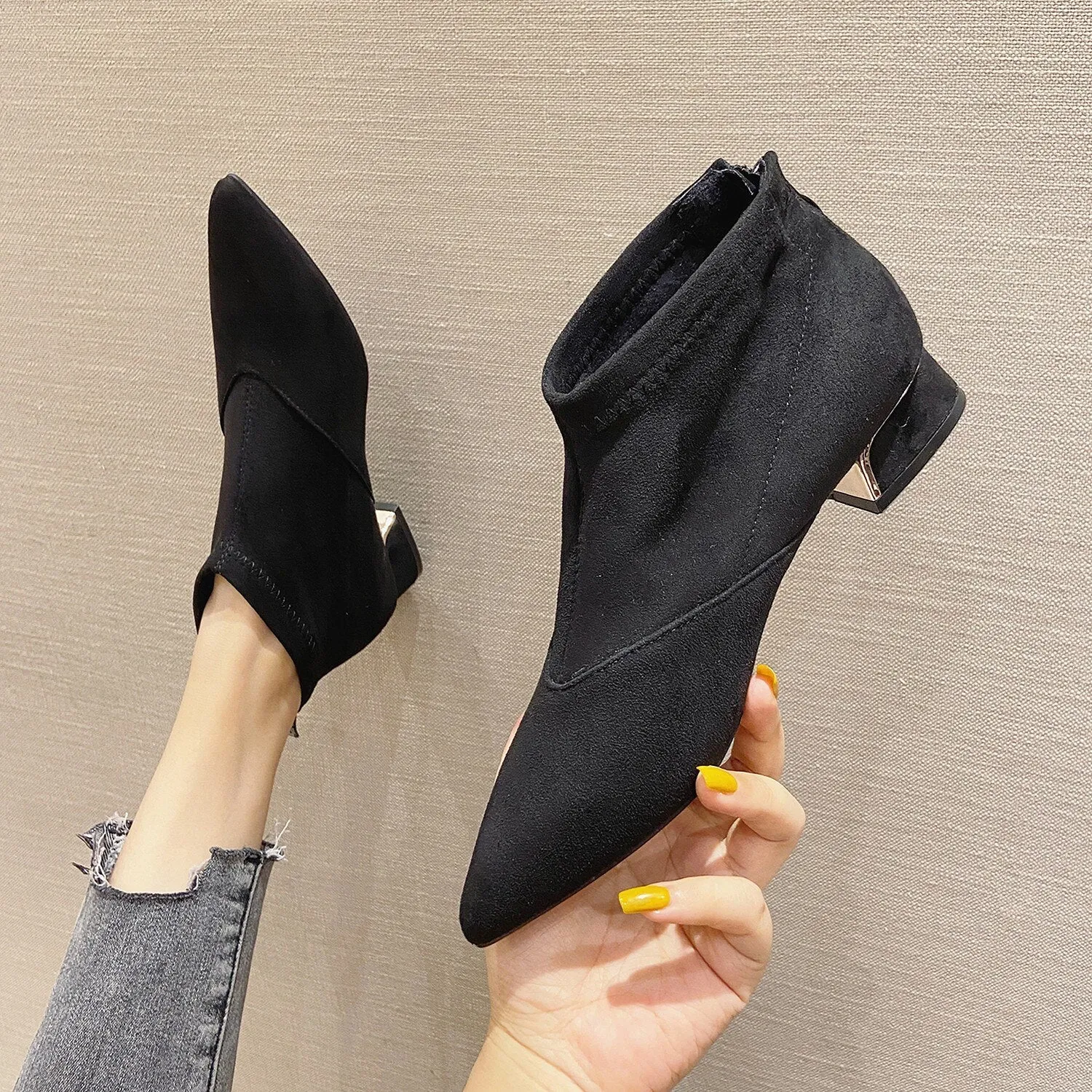 Hnzxzm Winter Shoes Women Fashion Modern Boots Pointed toe Women Ankle Boots Elegant Woman Party Shoes Square Heels Black Blue A4891