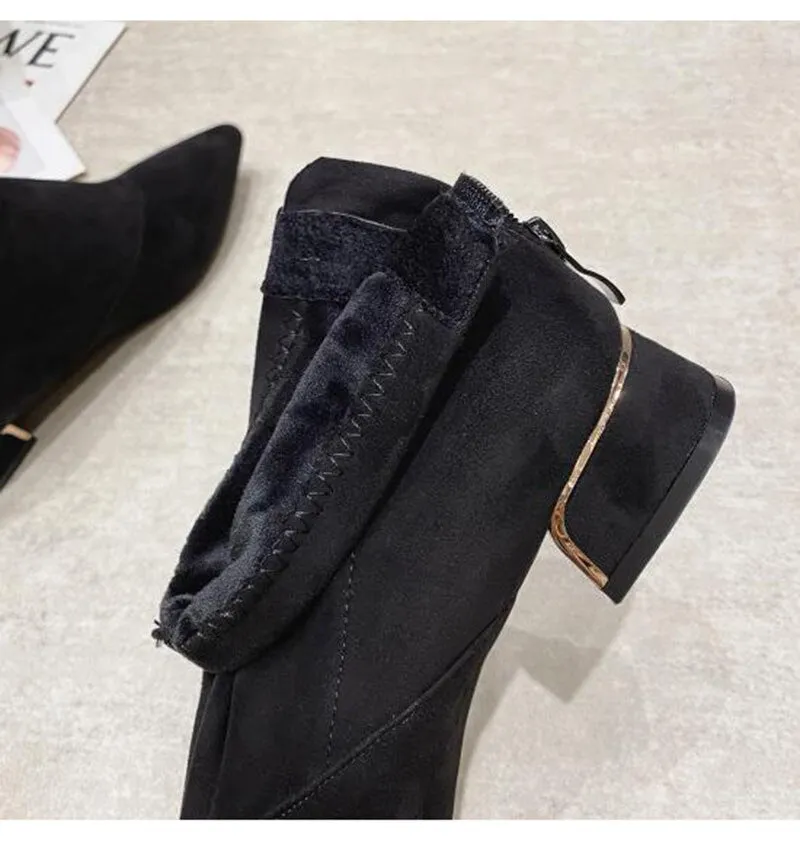Hnzxzm Winter Shoes Women Fashion Modern Boots Pointed toe Women Ankle Boots Elegant Woman Party Shoes Square Heels Black Blue A4891