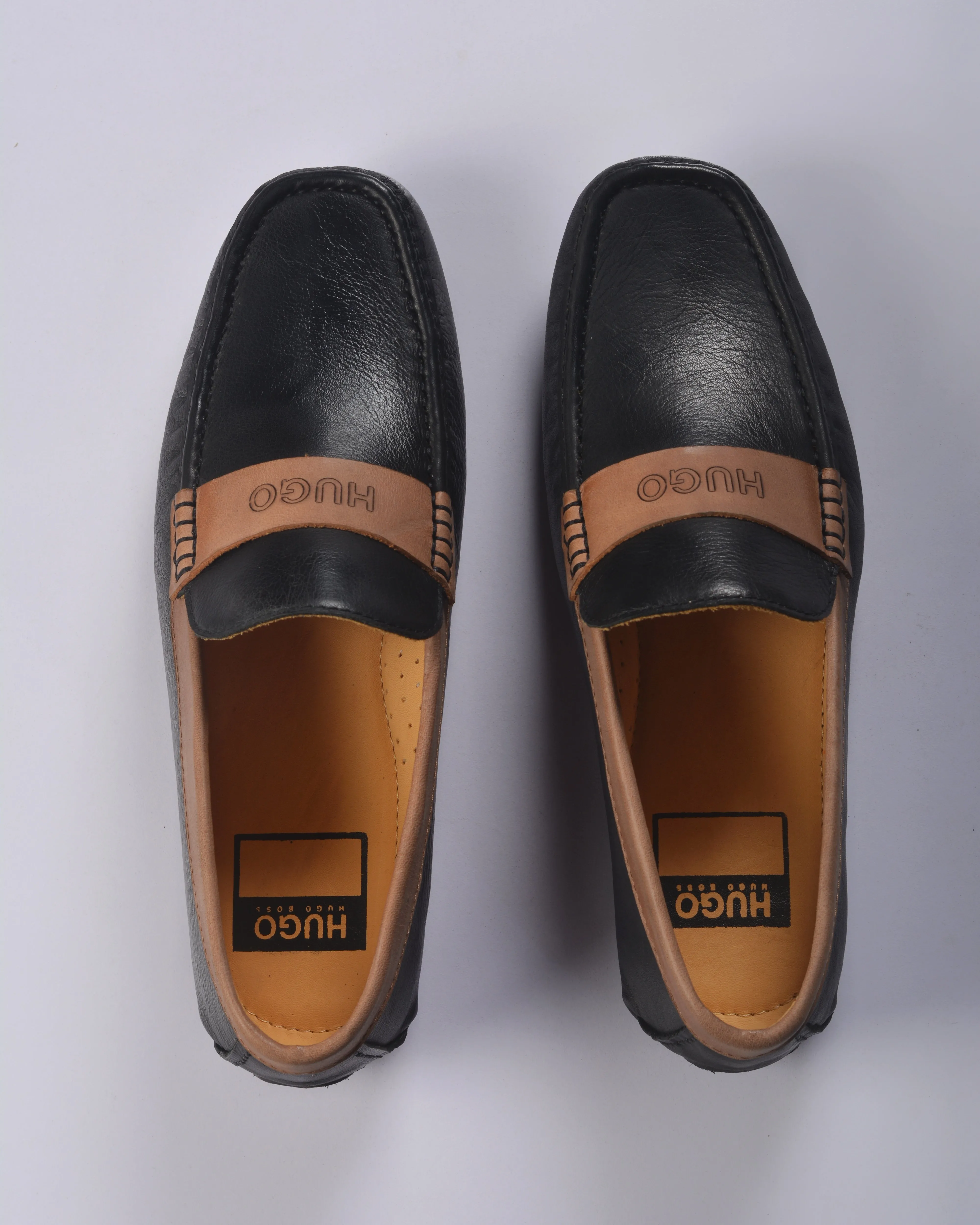 HUGO BRUSH-OFF LEATHER MOCCASINS WITH BRANDED TRIM BLACK/CAMEL