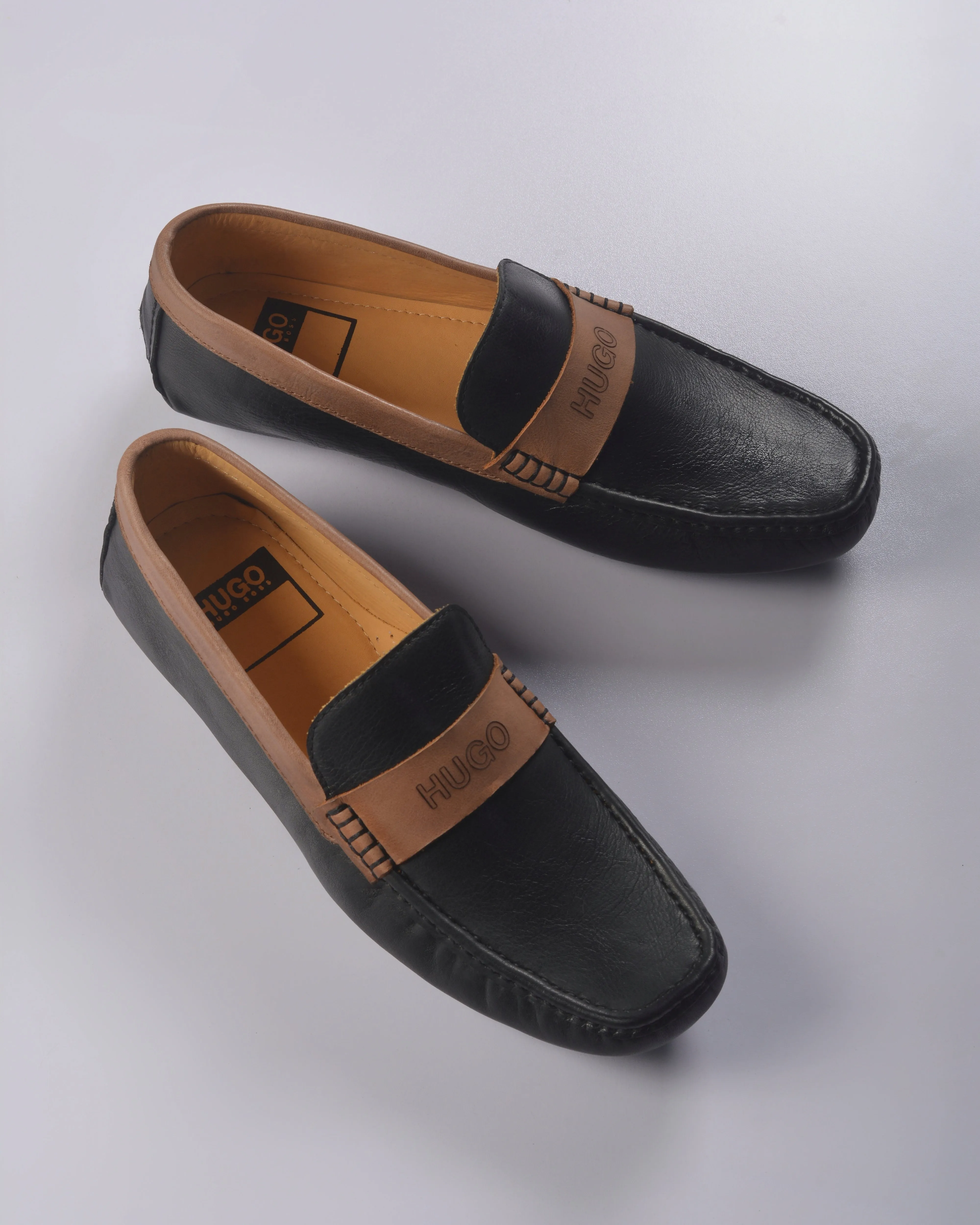 HUGO BRUSH-OFF LEATHER MOCCASINS WITH BRANDED TRIM BLACK/CAMEL