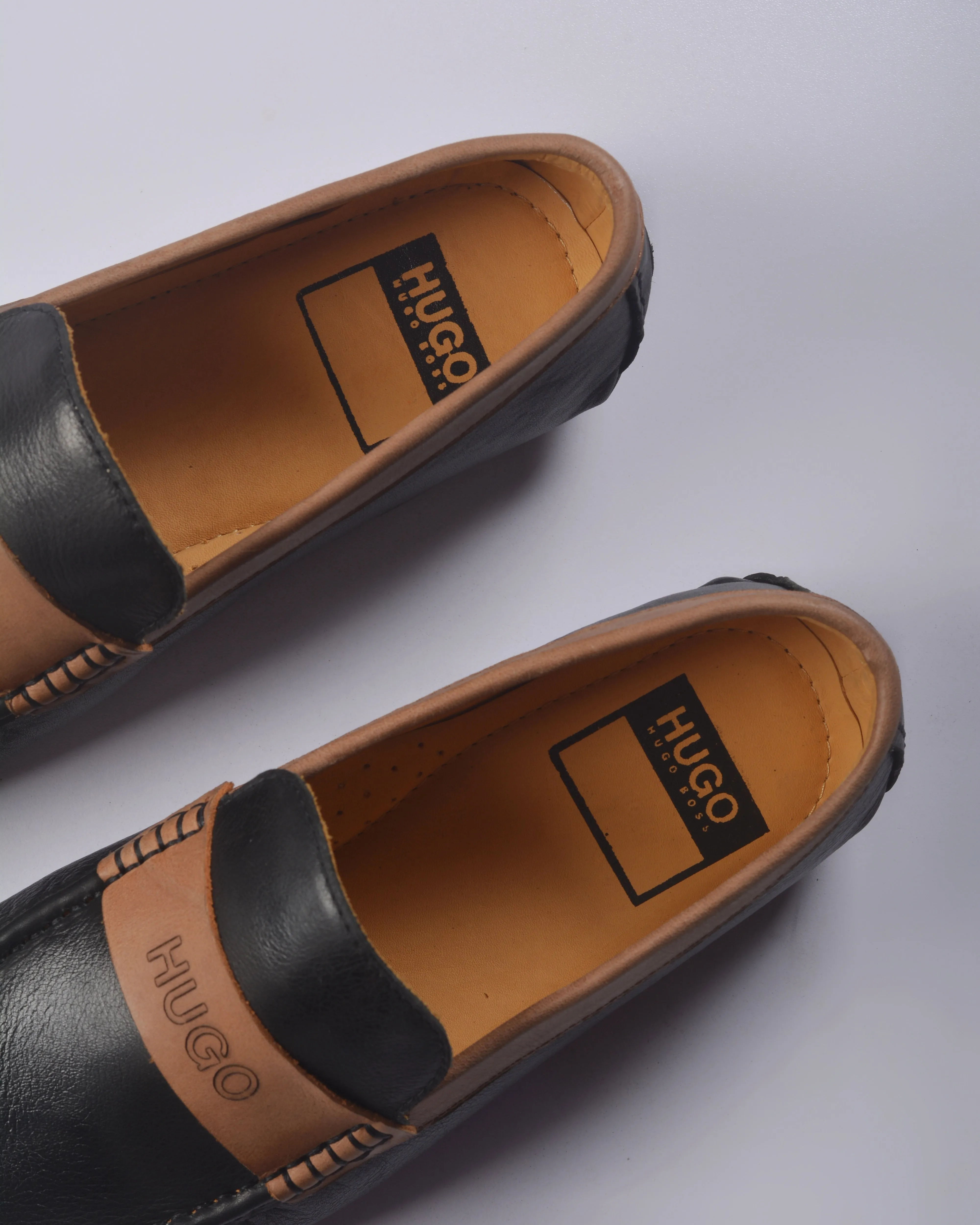HUGO BRUSH-OFF LEATHER MOCCASINS WITH BRANDED TRIM BLACK/CAMEL