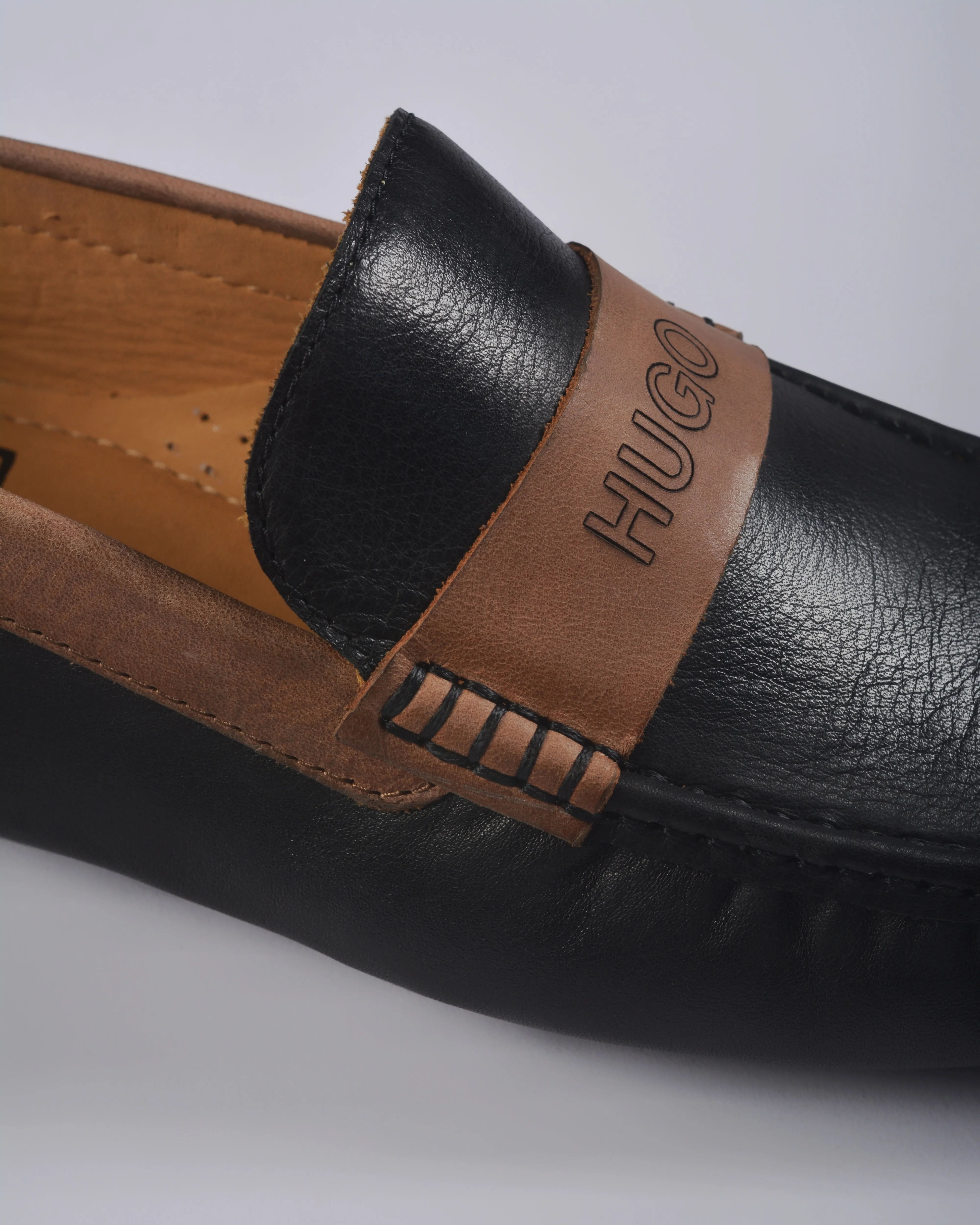 HUGO BRUSH-OFF LEATHER MOCCASINS WITH BRANDED TRIM BLACK/CAMEL