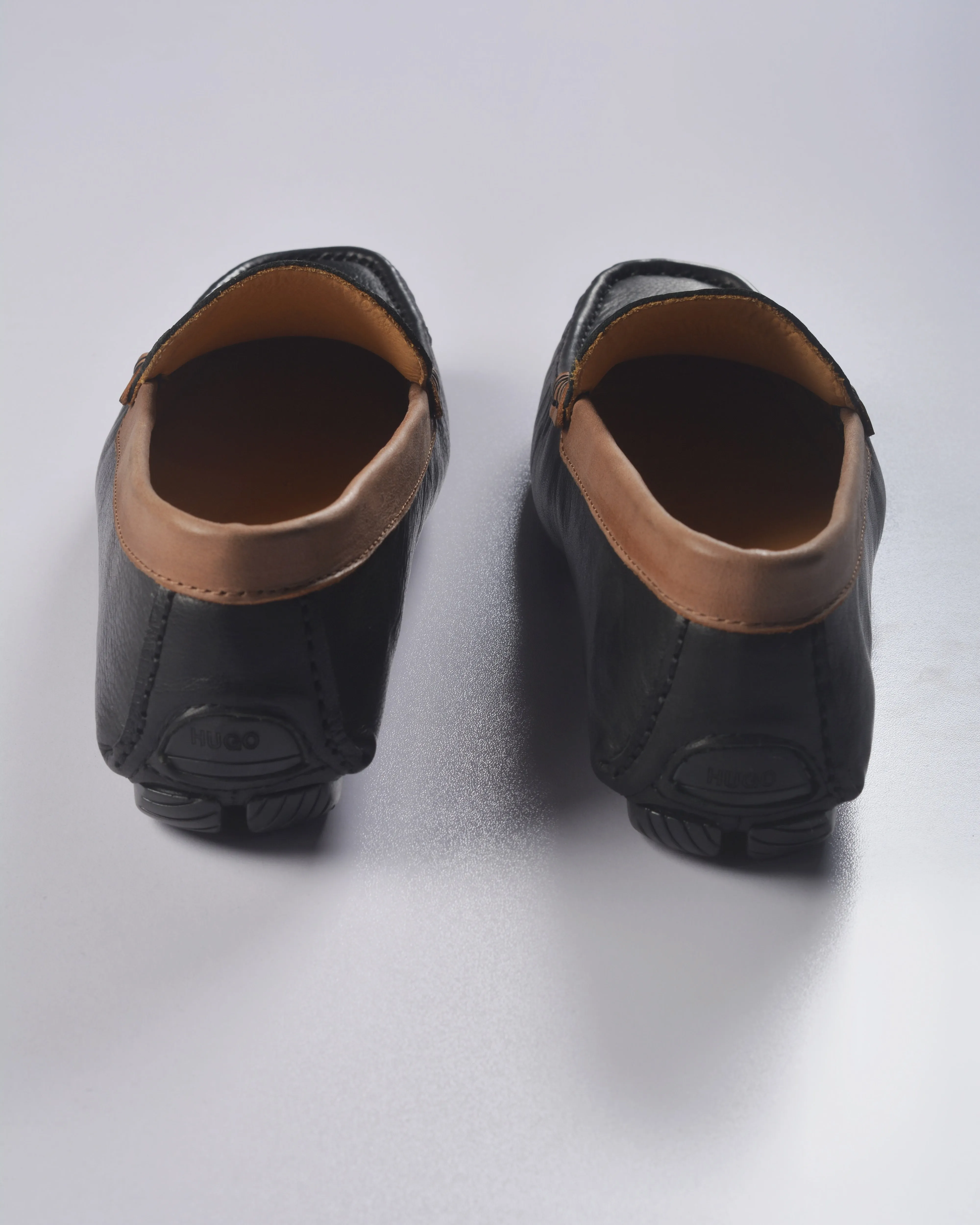 HUGO BRUSH-OFF LEATHER MOCCASINS WITH BRANDED TRIM BLACK/CAMEL