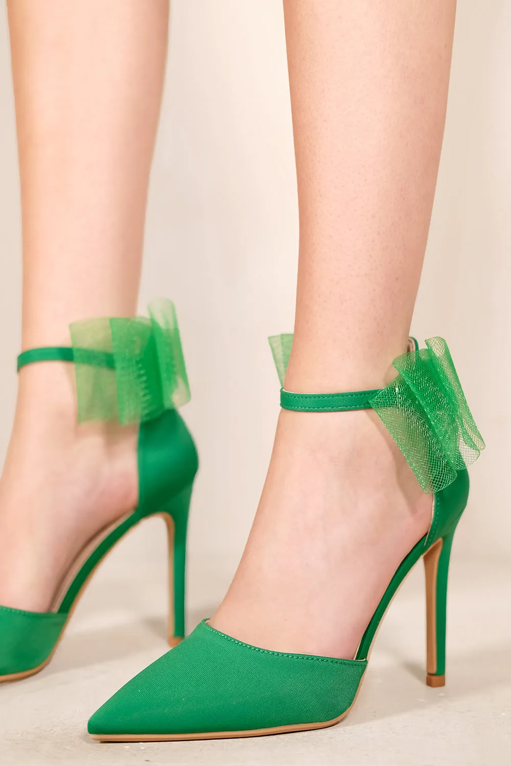 HULANI POINTED TOE HIGH HEELS WITH MESH BOW IN JADE GREEN LYCRA