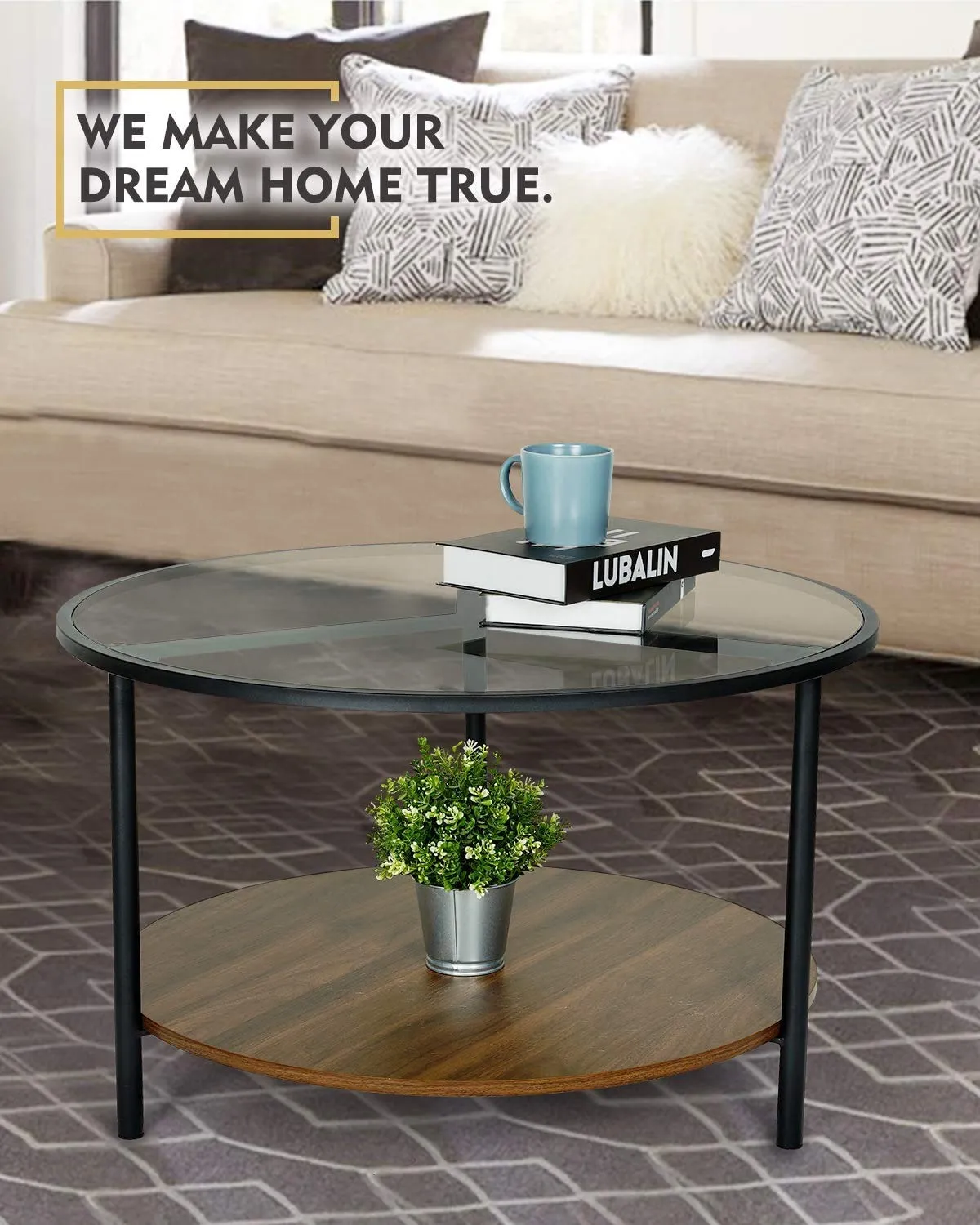 INDIAN DECOR. 45440 Round Coffee Table, Accent Table, 2-Tier Cocktail Table, Acrylic Top with Walnut Wooden Base and Sturdy Metal Frame, for Living Room, Dining Room, Tea