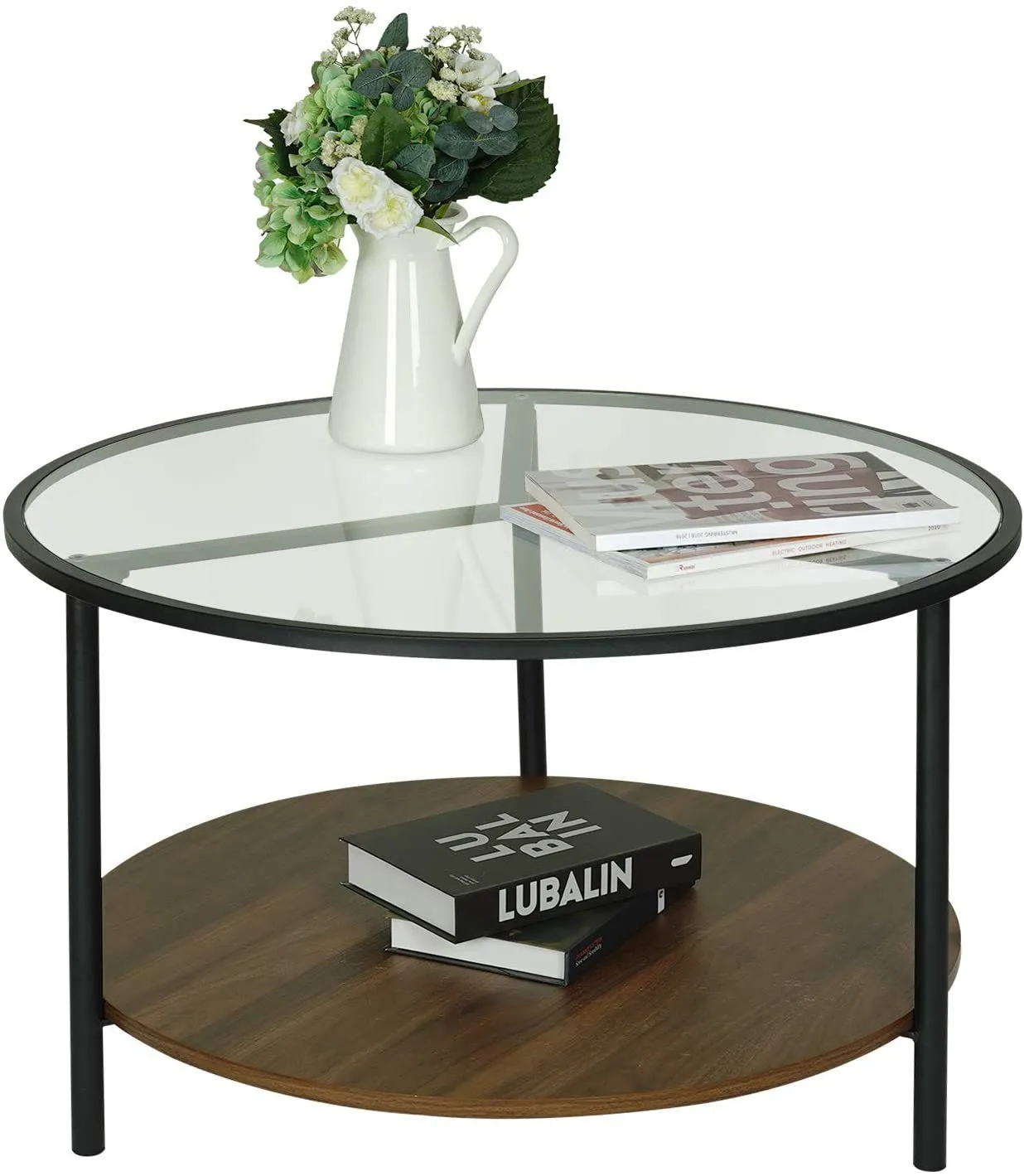 INDIAN DECOR. 45440 Round Coffee Table, Accent Table, 2-Tier Cocktail Table, Acrylic Top with Walnut Wooden Base and Sturdy Metal Frame, for Living Room, Dining Room, Tea