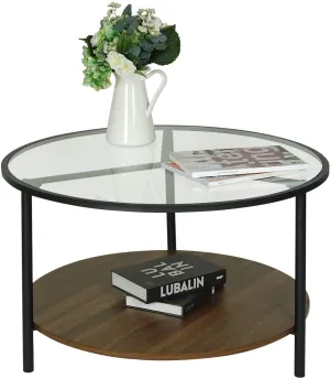 INDIAN DECOR. 45440 Round Coffee Table, Accent Table, 2-Tier Cocktail Table, Acrylic Top with Walnut Wooden Base and Sturdy Metal Frame, for Living Room, Dining Room, Tea