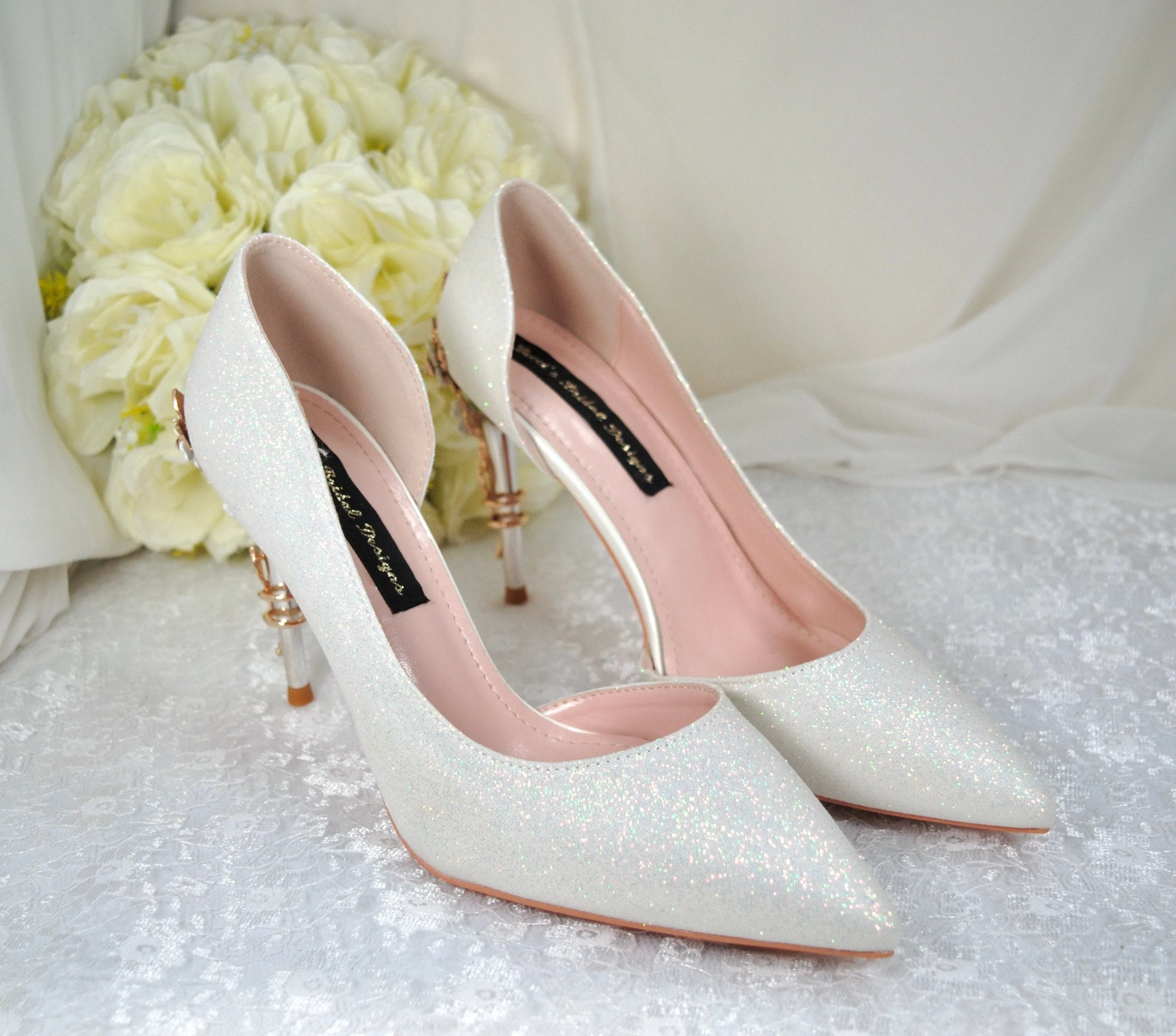 Ivory Shimmer Bridal Shoes with Cherry Blossom