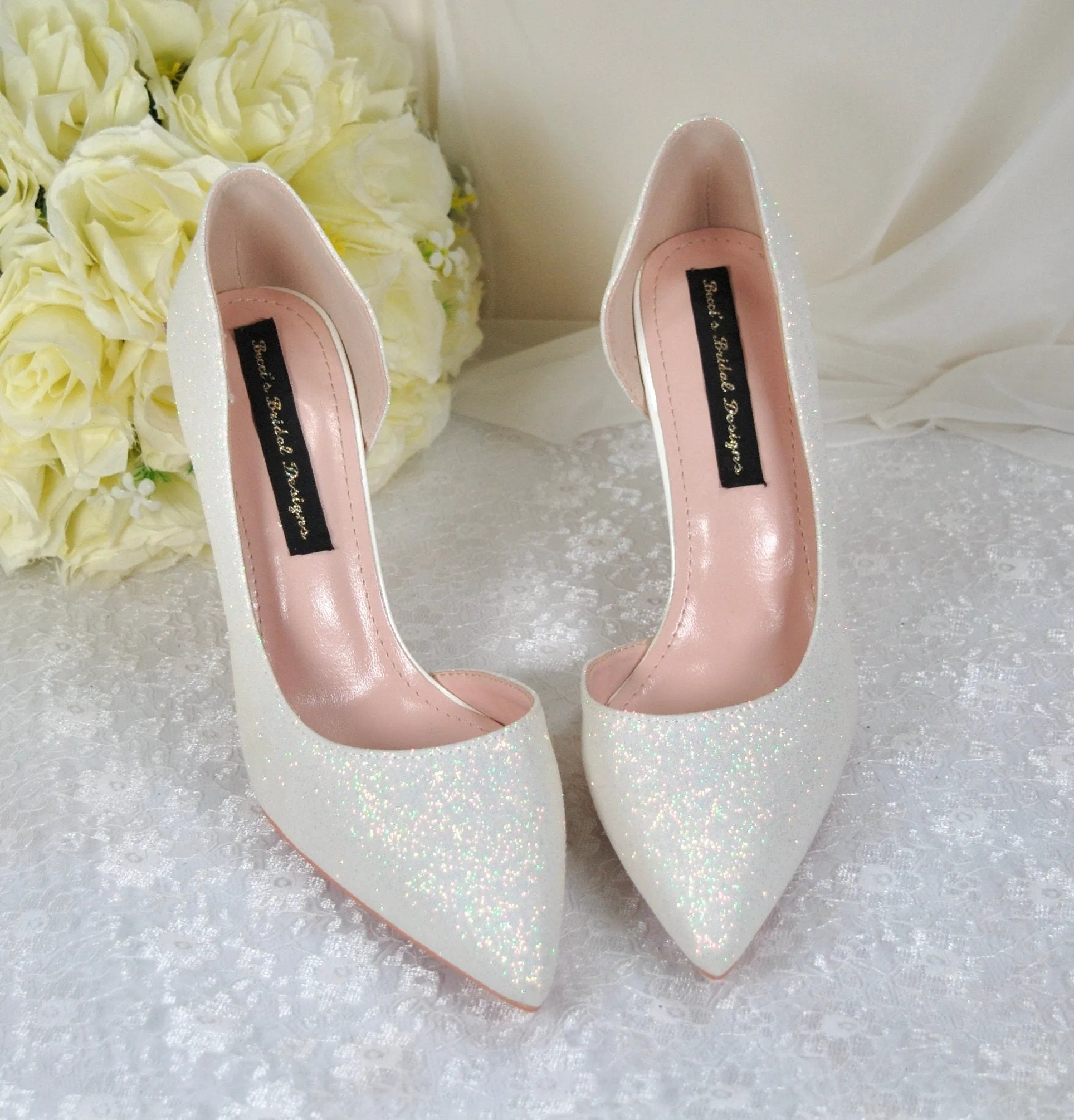 Ivory Shimmer Bridal Shoes with Cherry Blossom